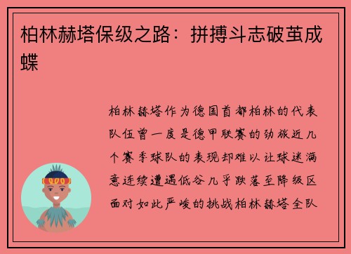柏林赫塔保级之路：拼搏斗志破茧成蝶